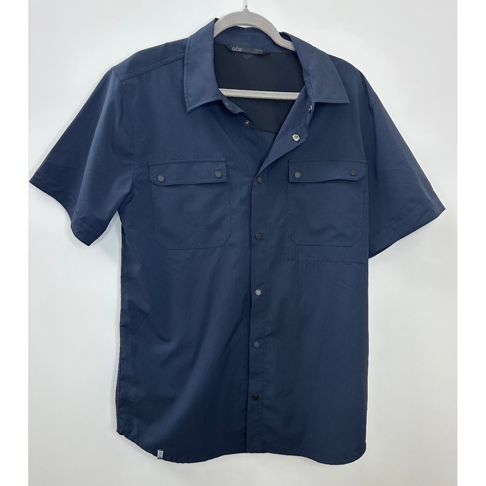 QOR Short Sleeve Snap Button Up Pocket Shirt Navy Blue Men's Large Vented Back - Picture 2 of 10